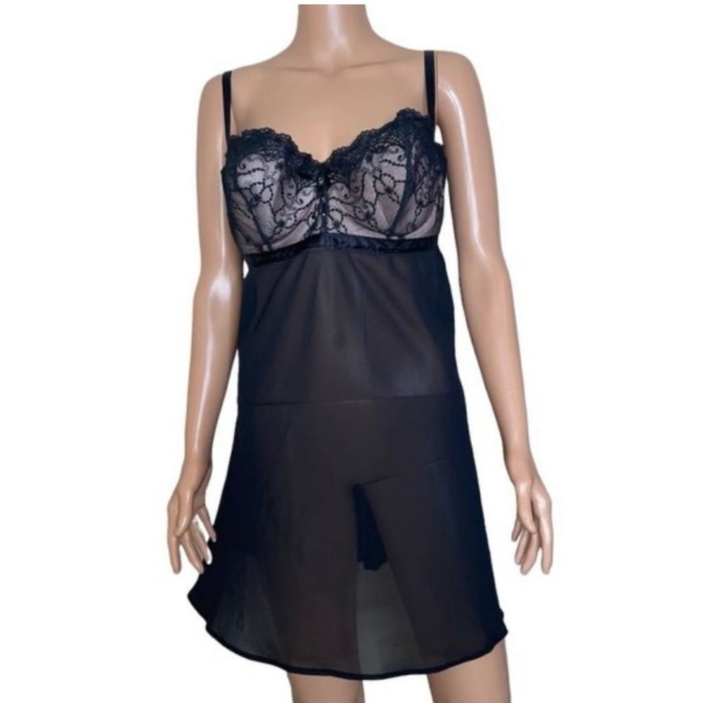Cacique Black Lace Chemise with Sheer Flowing Design